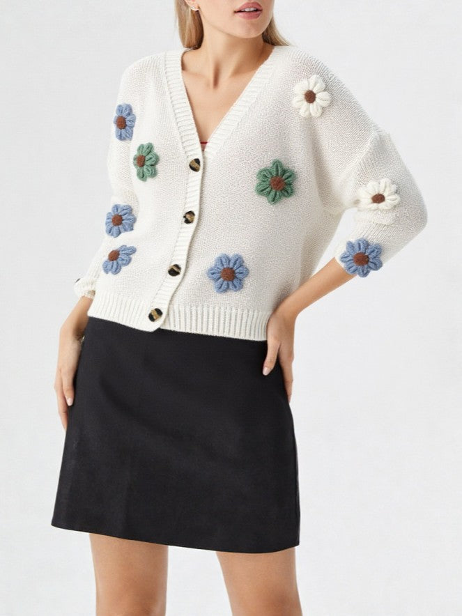 Crochet Flower Cropped V Neck Cardigan - White - 6
