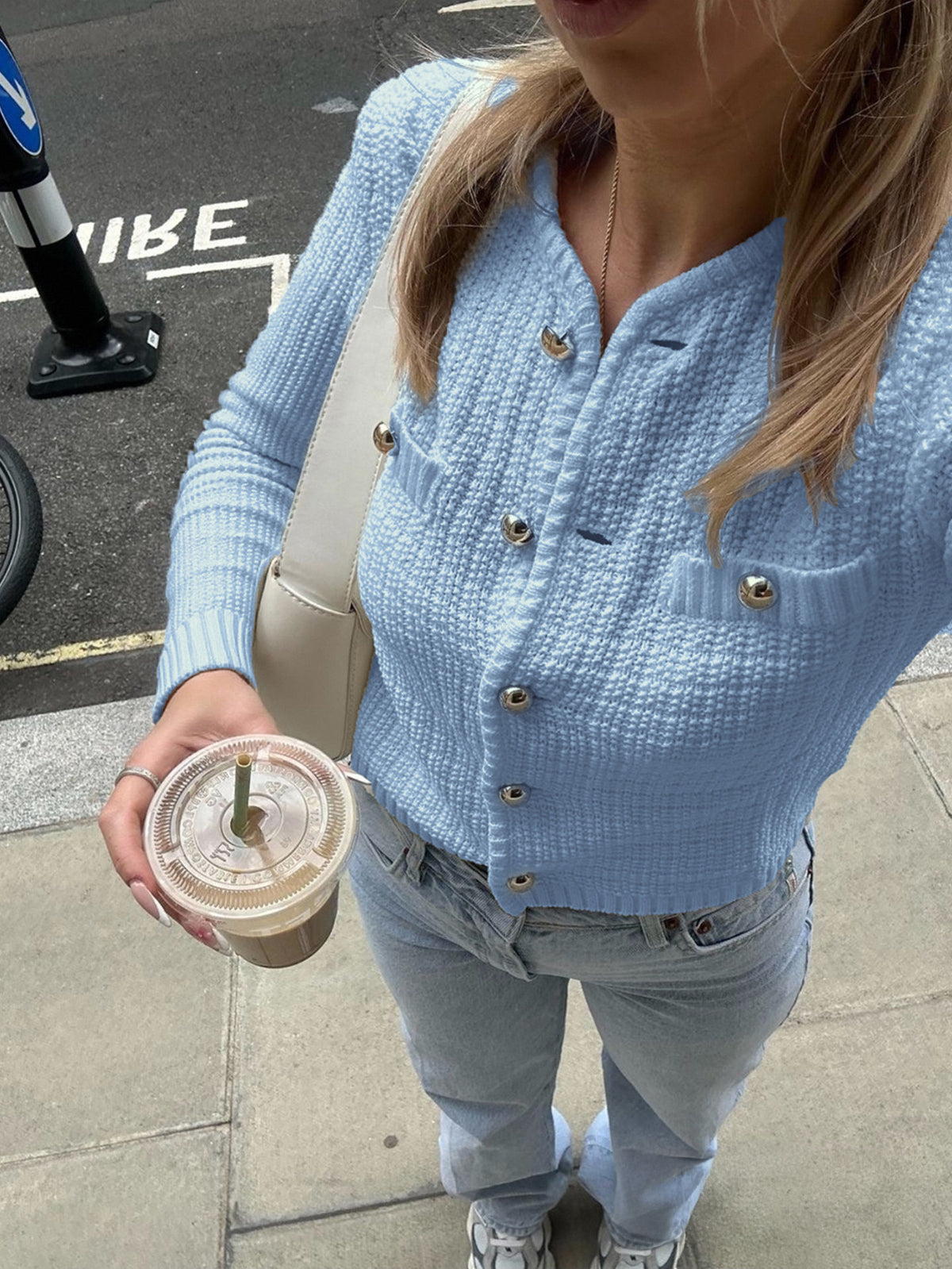 Textured Knit Button Front Top - Blue