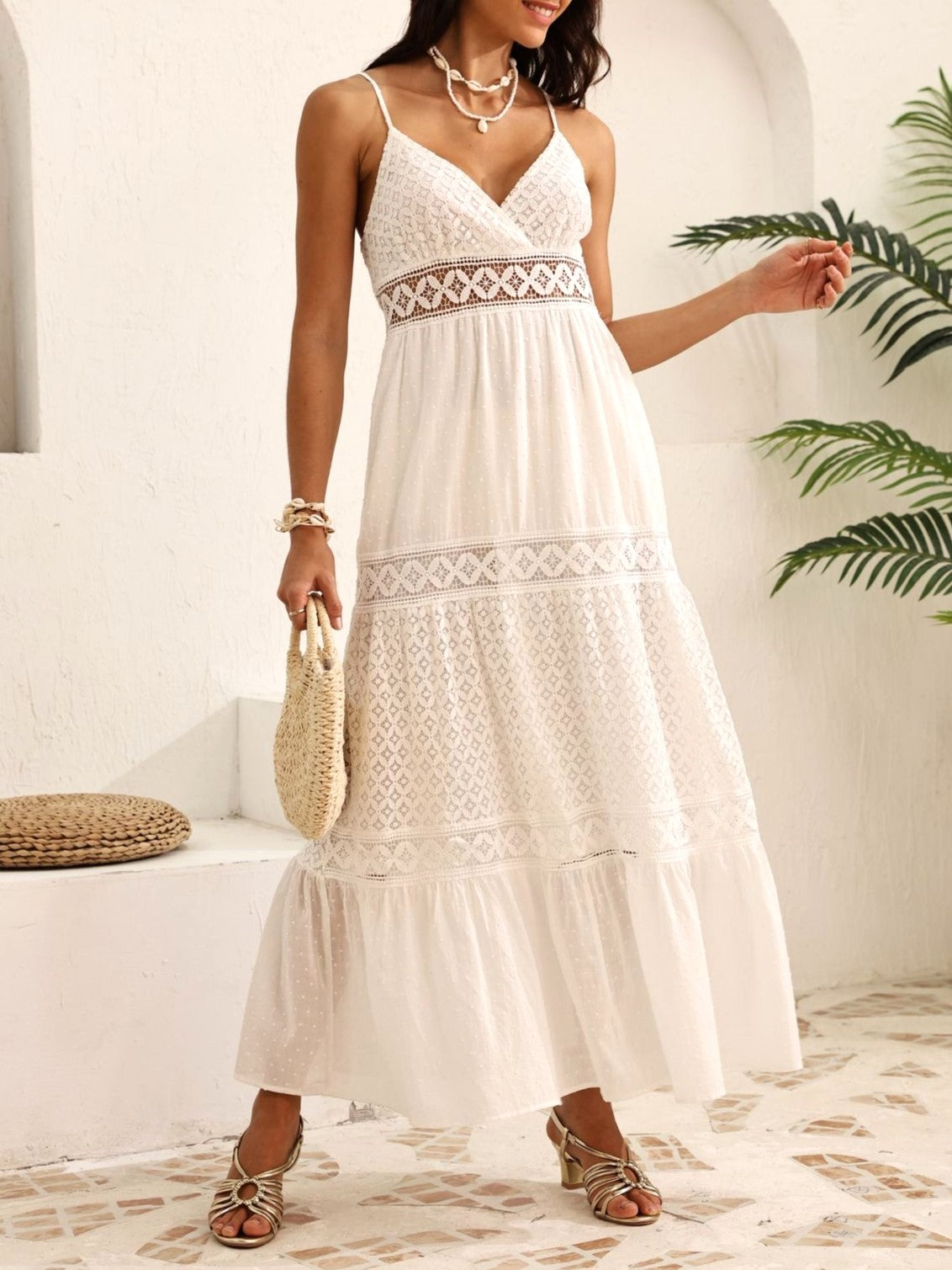 Lace Trim Tiered Cotton Maxi Dress - White