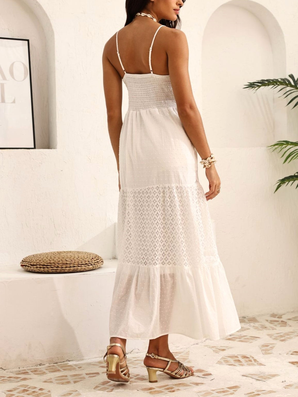 Lace Trim Tiered Cotton Maxi Dress - White - 1