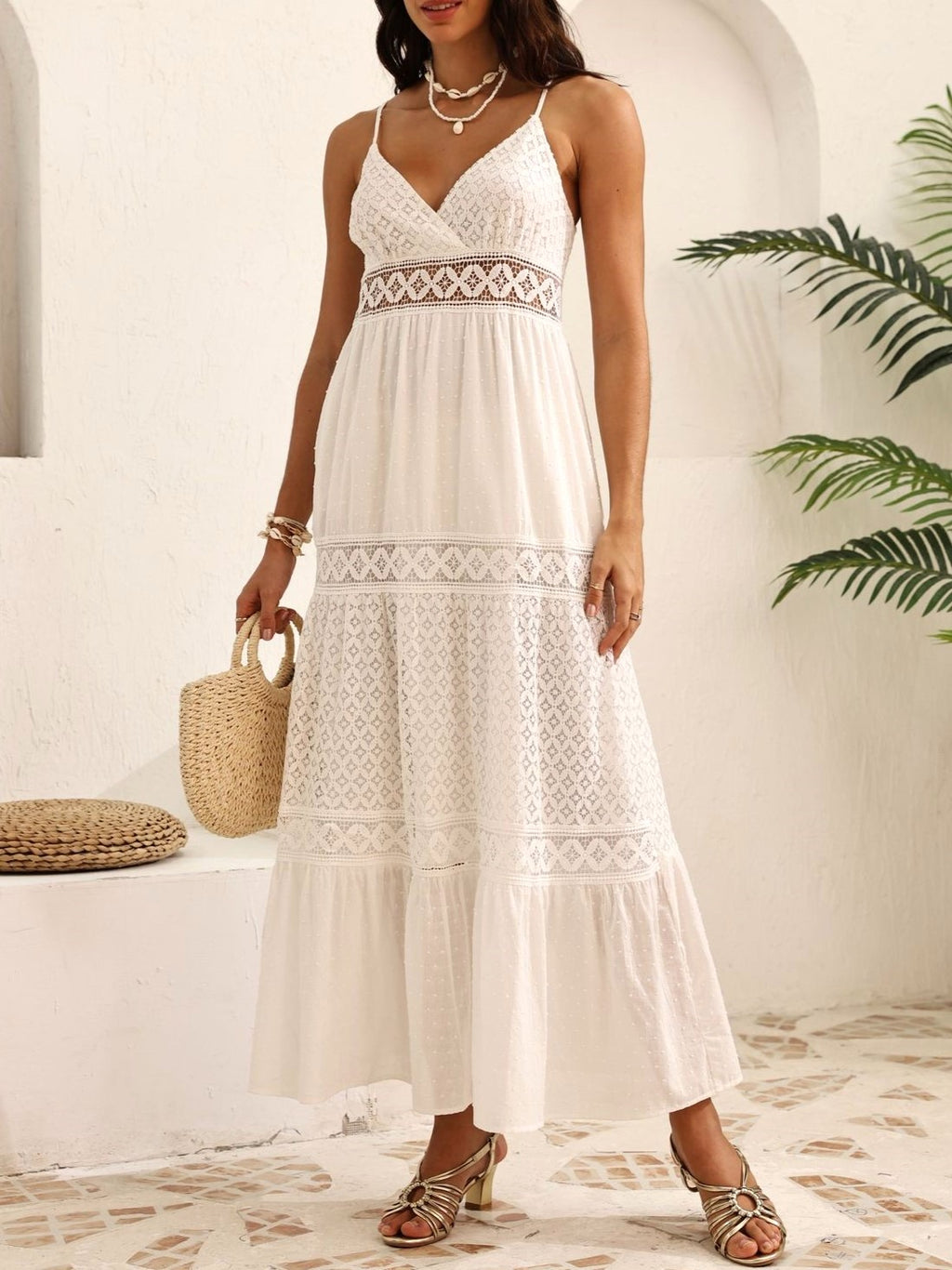 Lace Trim Tiered Cotton Maxi Dress - White - 3