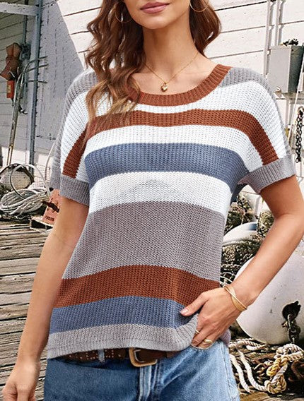 Colorblock Stripe Short Sleeve Knit Top - Blue - 1