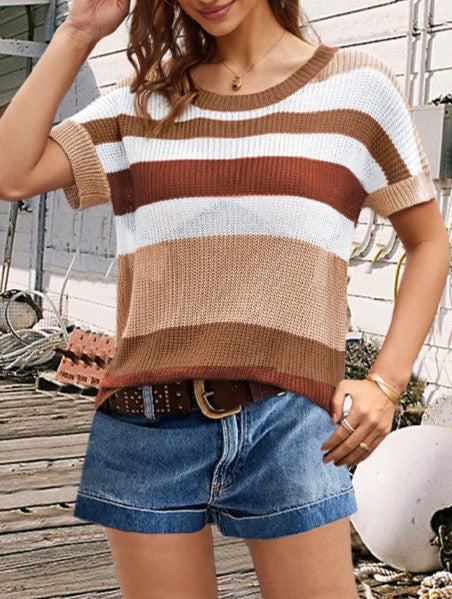 Colorblock Stripe Short Sleeve Knit Top - Khaki