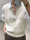 Sleeveless Rib Knit Button Cardigan Vest - White