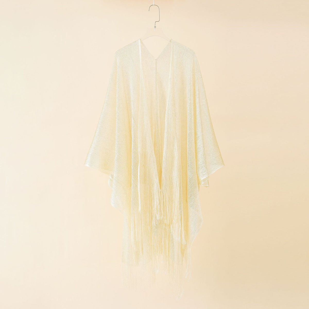 Shimmer Knit Fringed Open Kimono - Apricot