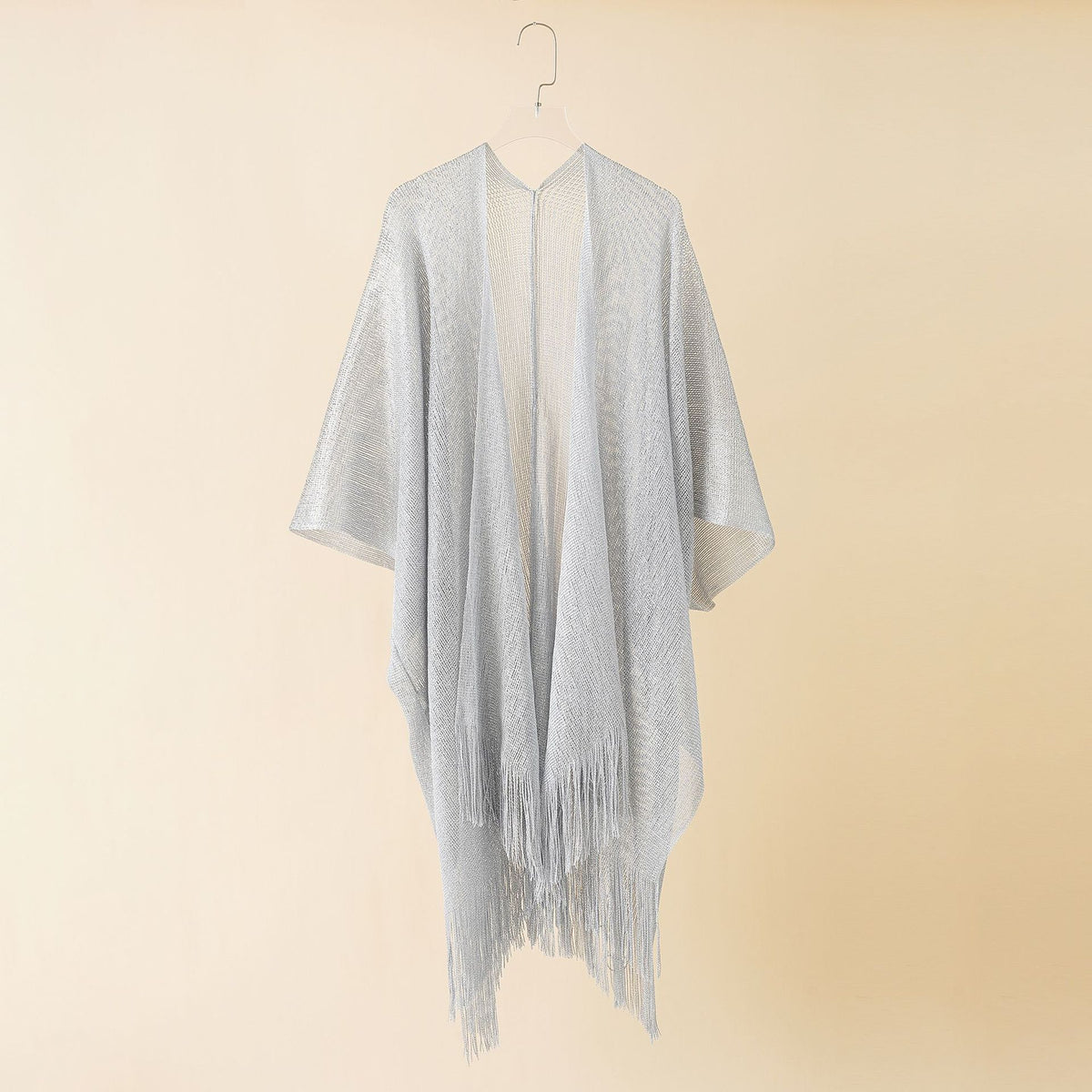 Shimmer Knit Fringed Open Kimono - Silvery