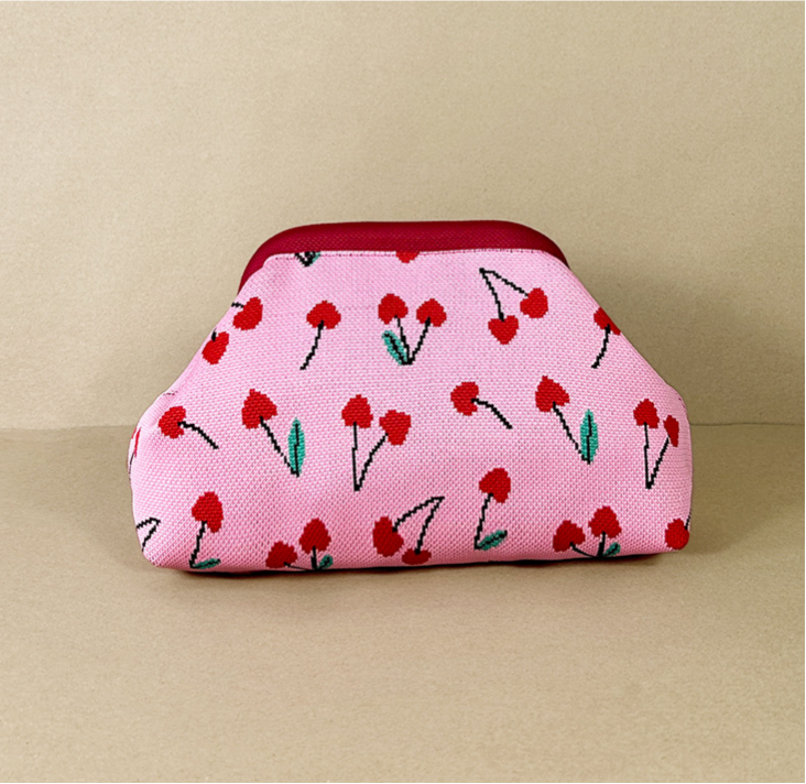 Patterned Knit Clutch Pouch Makeup Bag - Cherry