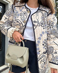 Paisley Print Quilted Collarless Jacket - Off-White
