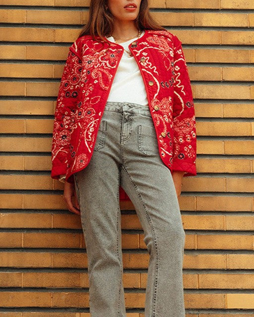 Paisley Print Quilted Collarless Jacket - Red
