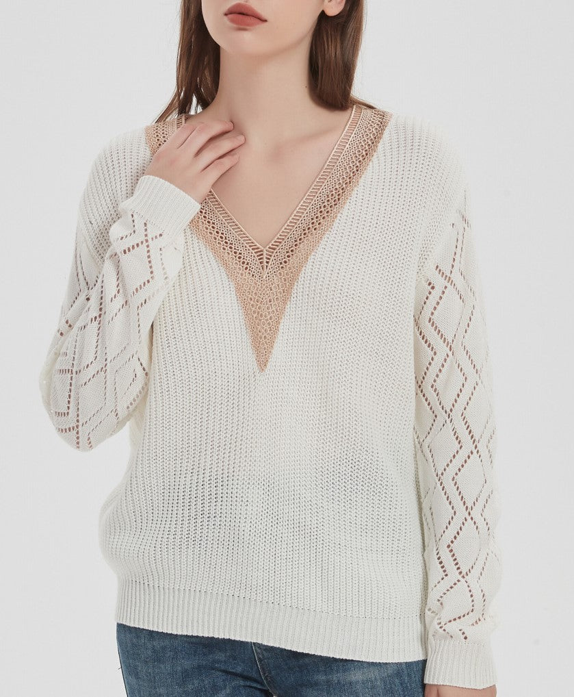 Lace Trim Deep V Neck Pointelle Sweater - White