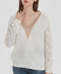 Lace Trim Deep V Neck Pointelle Sweater - White