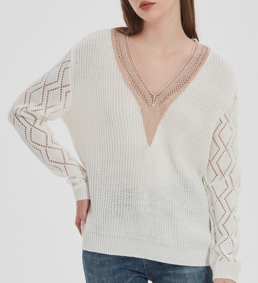 Lace Trim Deep V Neck Pointelle Sweater - White - 2