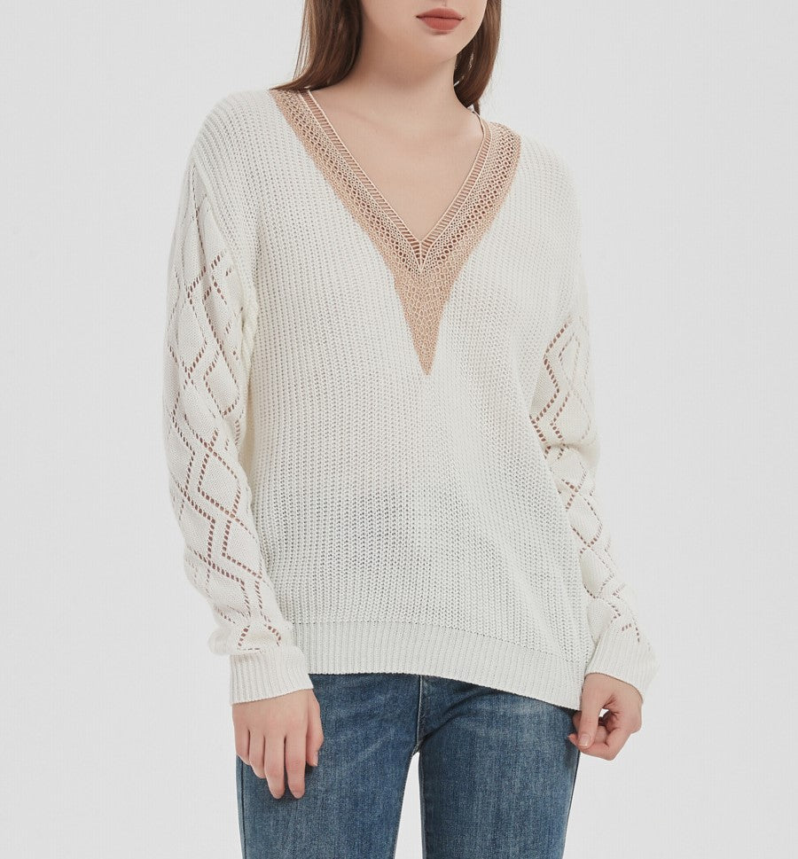 Lace Trim Deep V Neck Pointelle Sweater - White - 3