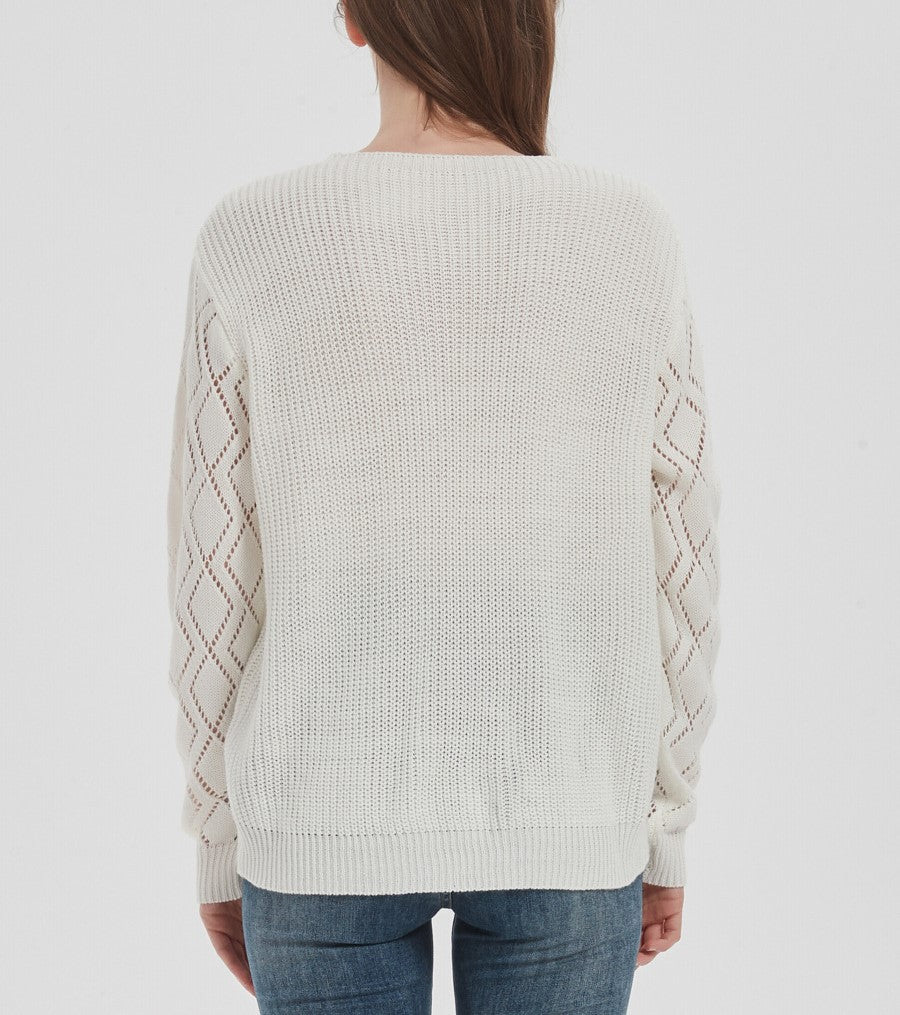 Lace Trim Deep V Neck Pointelle Sweater - White - 4