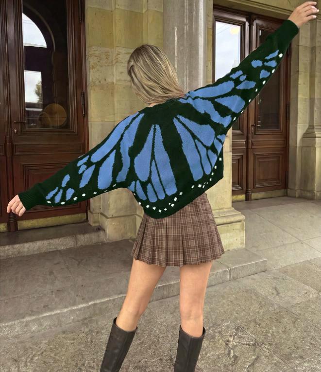 Butterfly Wing Batwing Knit Cardigan - Blue - 4