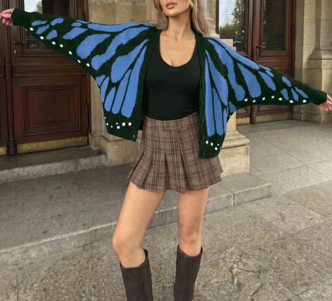 Butterfly Wing Batwing Knit Cardigan - Blue - 5