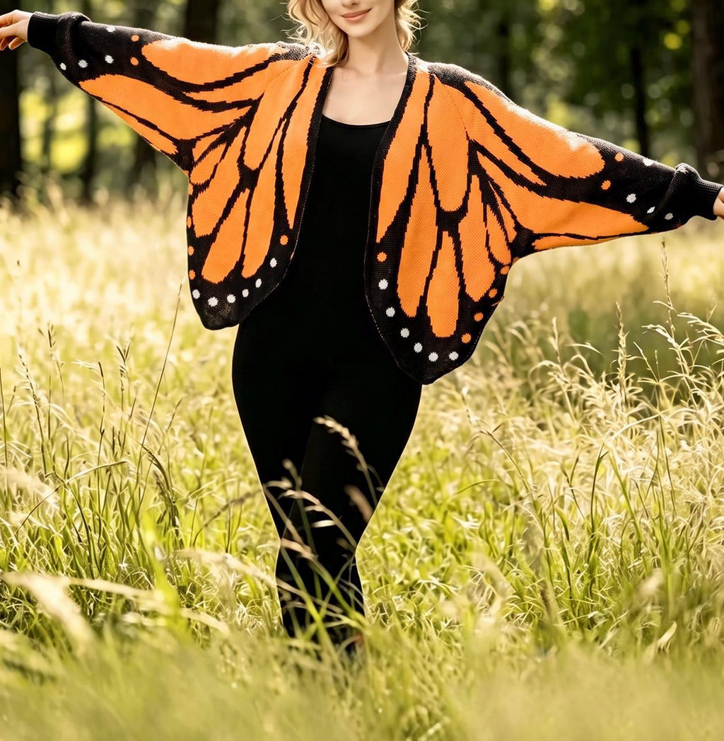 Butterfly Wing Batwing Knit Cardigan - Orange - 2