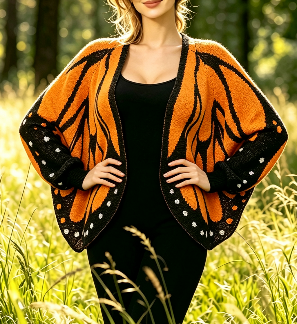 Butterfly Wing Batwing Knit Cardigan - Orange - 4