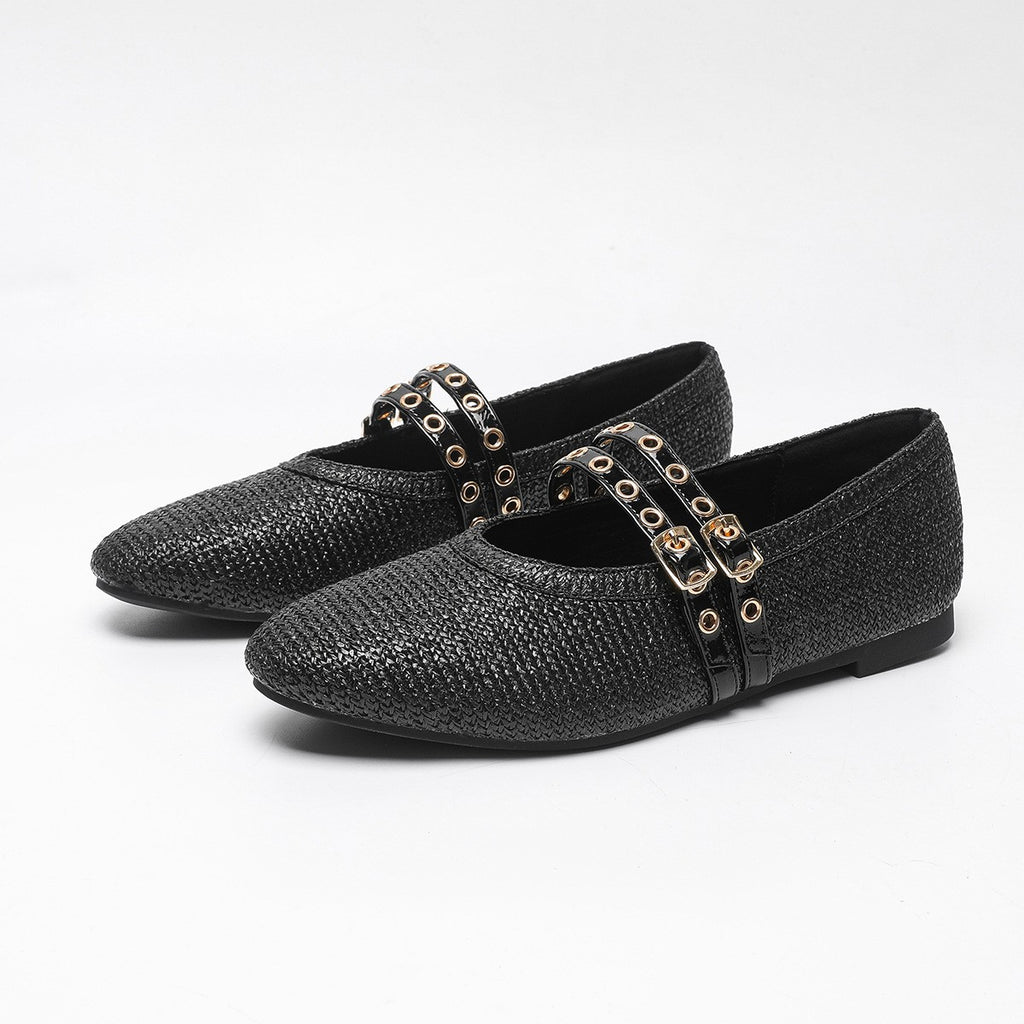 Grommet Double Strap Mary Jane Flats - Black