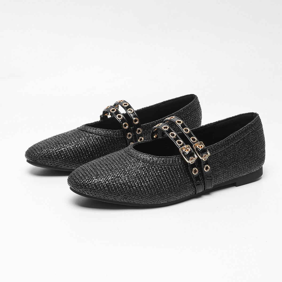 Grommet Double Strap Mary Jane Flats - Black