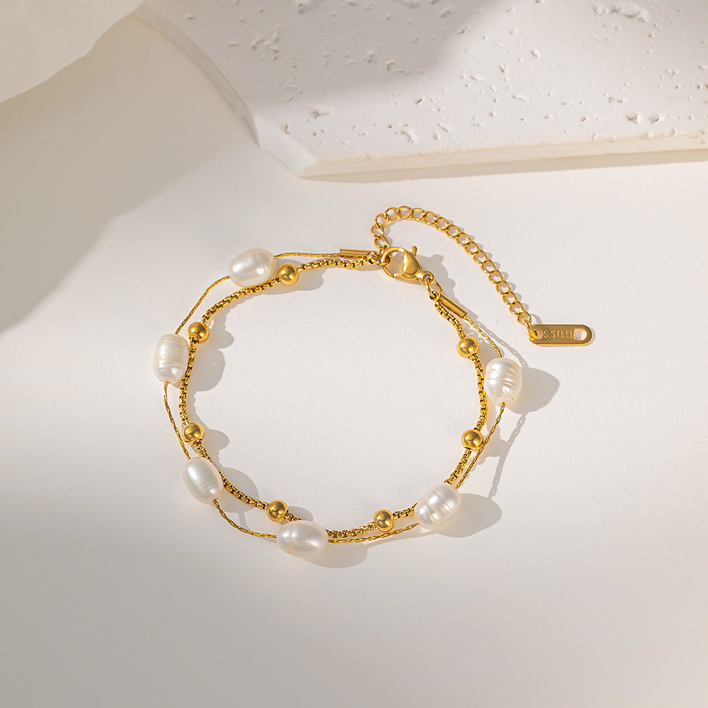 Double Layer Baroque Pearl Chain Bracelet - Pearl - 1