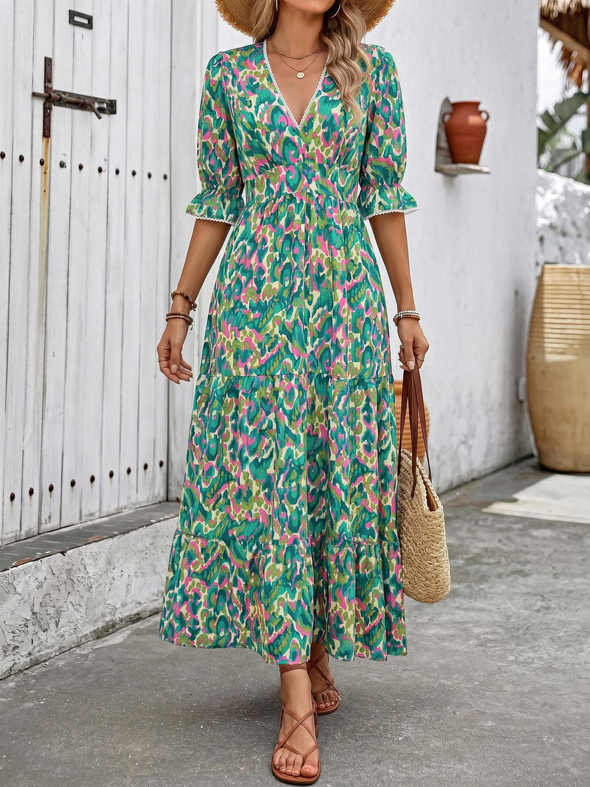 Boho Floral Tiered Smocked-Waist V-Neck Sundress - Green
