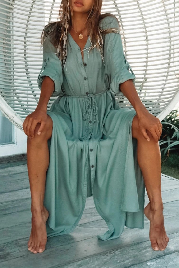 Button Through Drawstring Waist Maxi Cover Up - Sage - 1