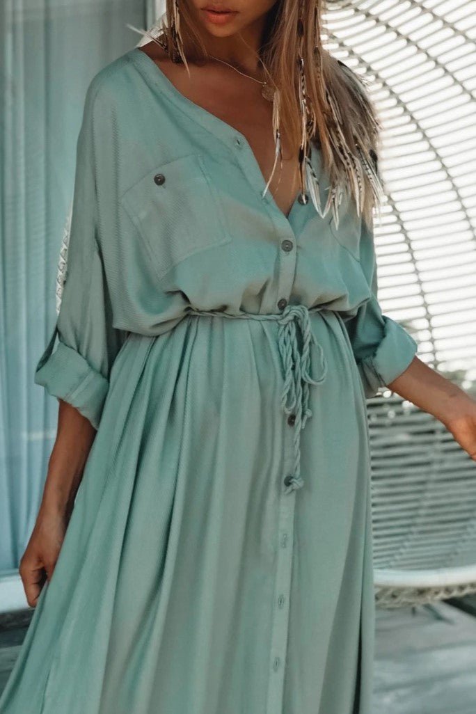 Button Through Drawstring Waist Maxi Cover Up - Sage - 4