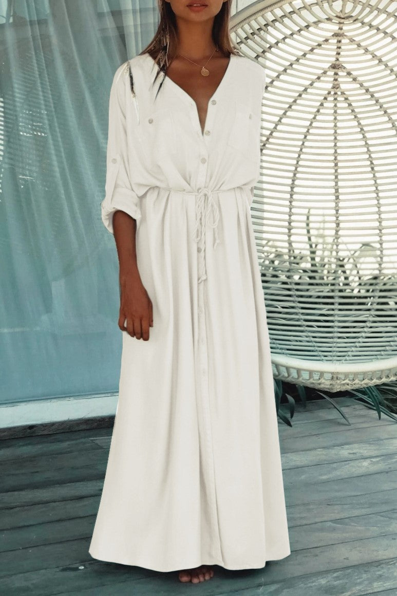 Button Through Drawstring Waist Maxi Cover Up - White