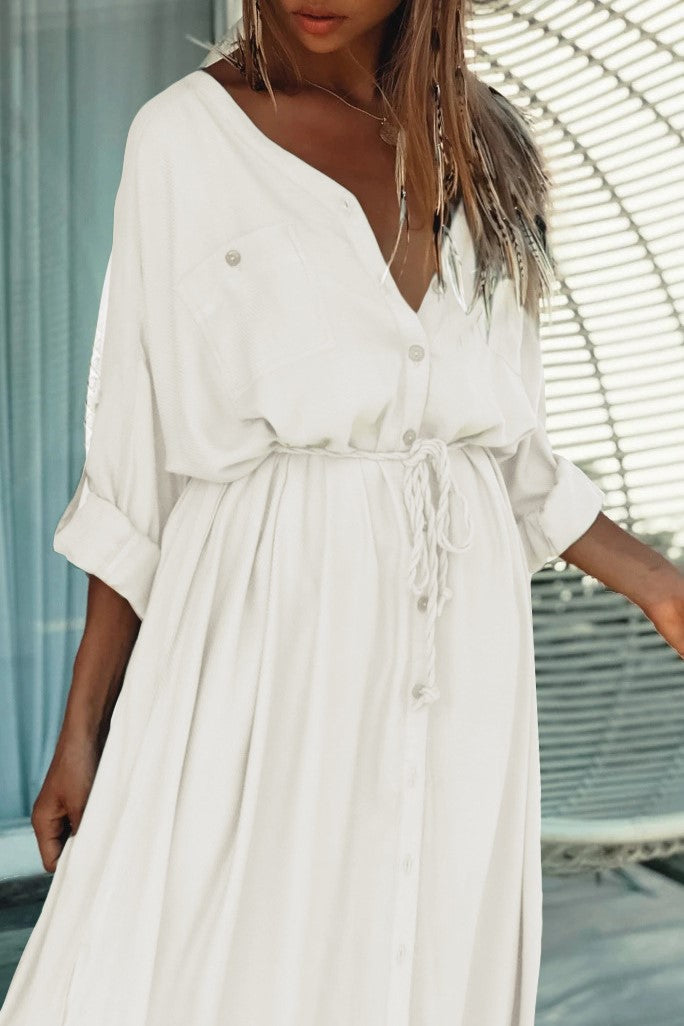 Button Through Drawstring Waist Maxi Cover Up - White - 3