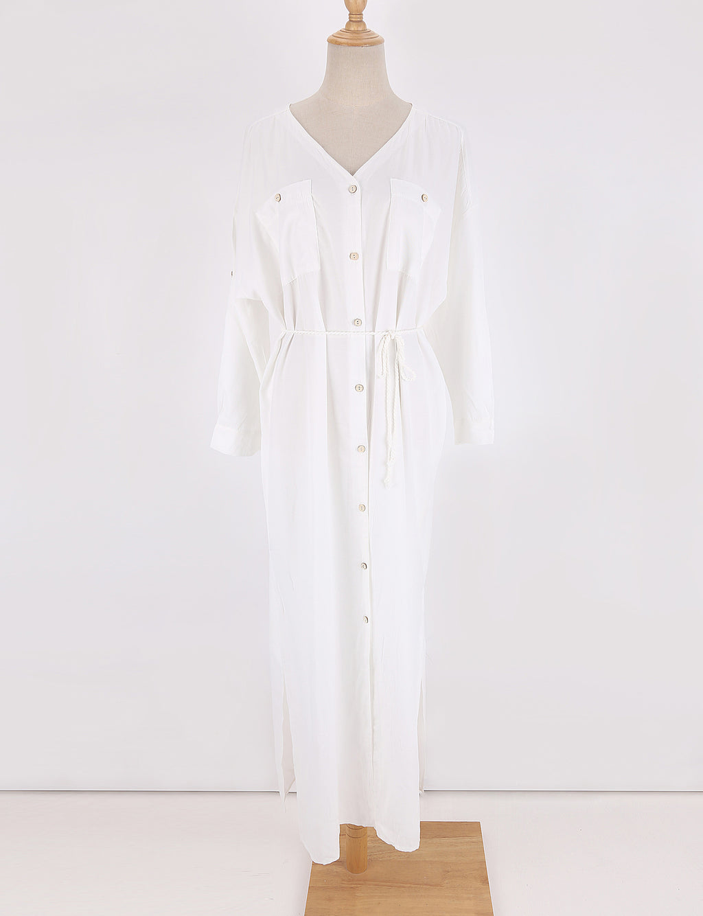Button Through Drawstring Waist Maxi Cover Up - White - 4
