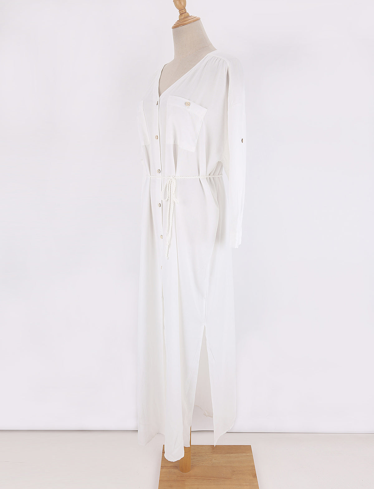 Button Through Drawstring Waist Maxi Cover Up - White - 5