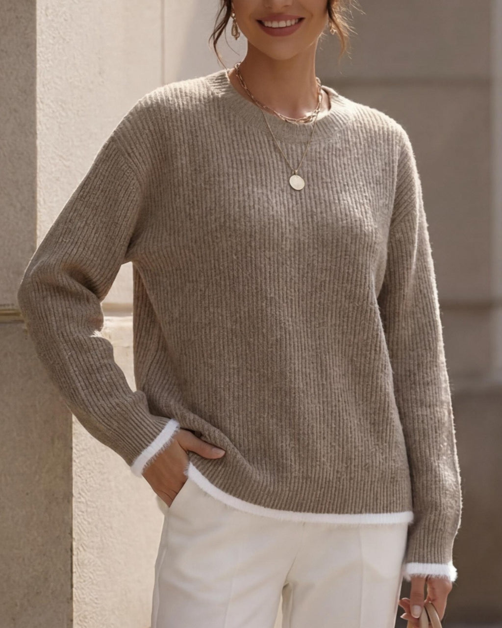 Tipped Trim Ribbed Drop Shoulder Knit Sweater - Camel