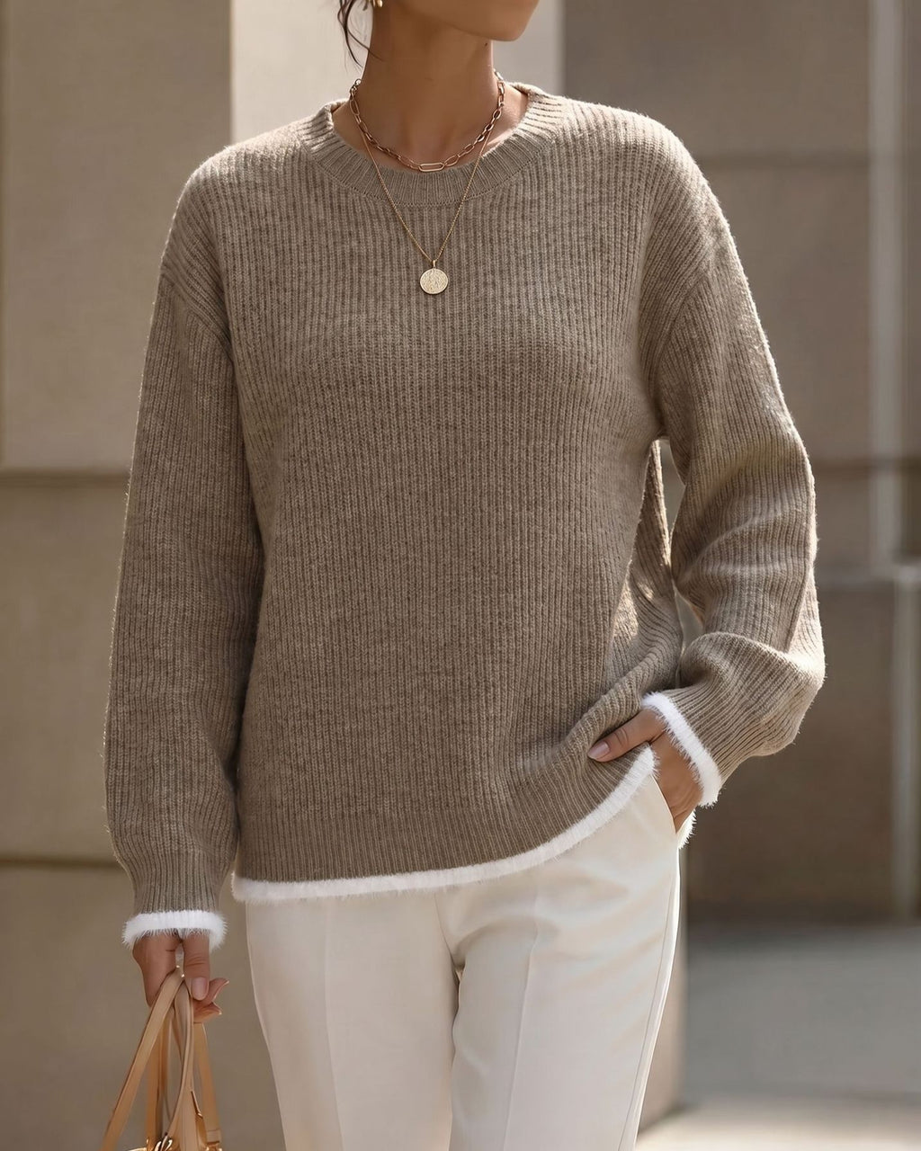 Tipped Trim Ribbed Drop Shoulder Knit Sweater - Camel - 1