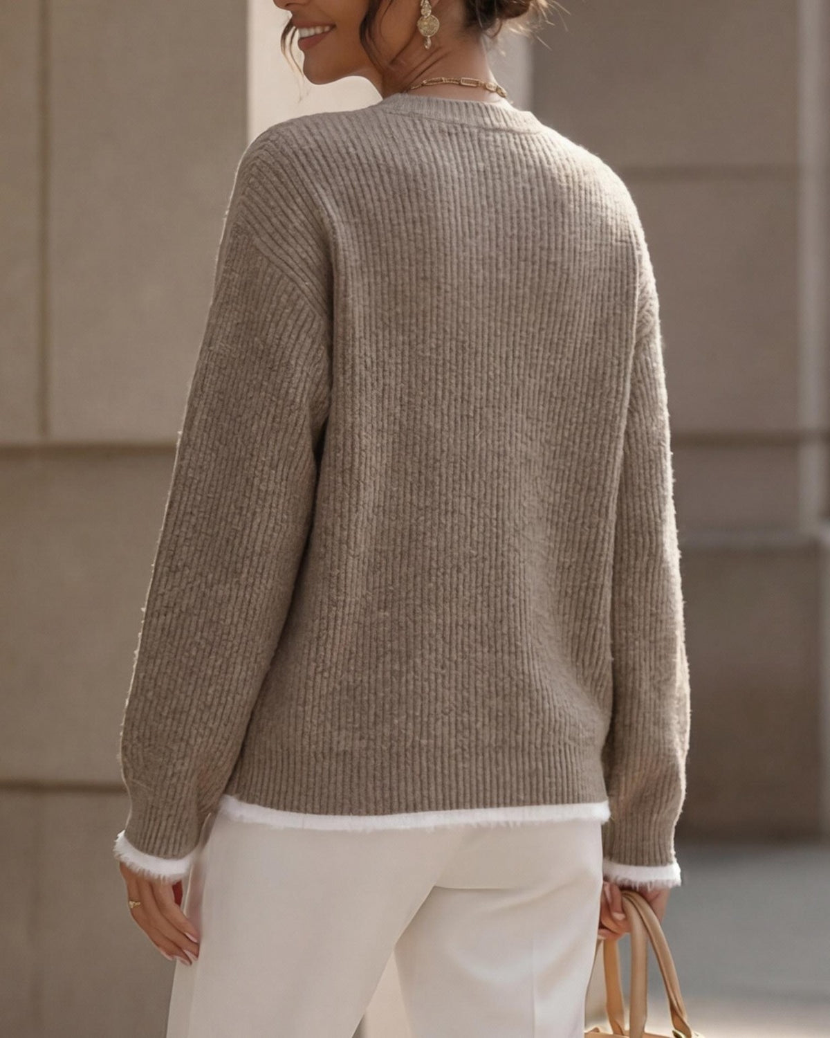Tipped Trim Ribbed Drop Shoulder Knit Sweater - Camel - 2