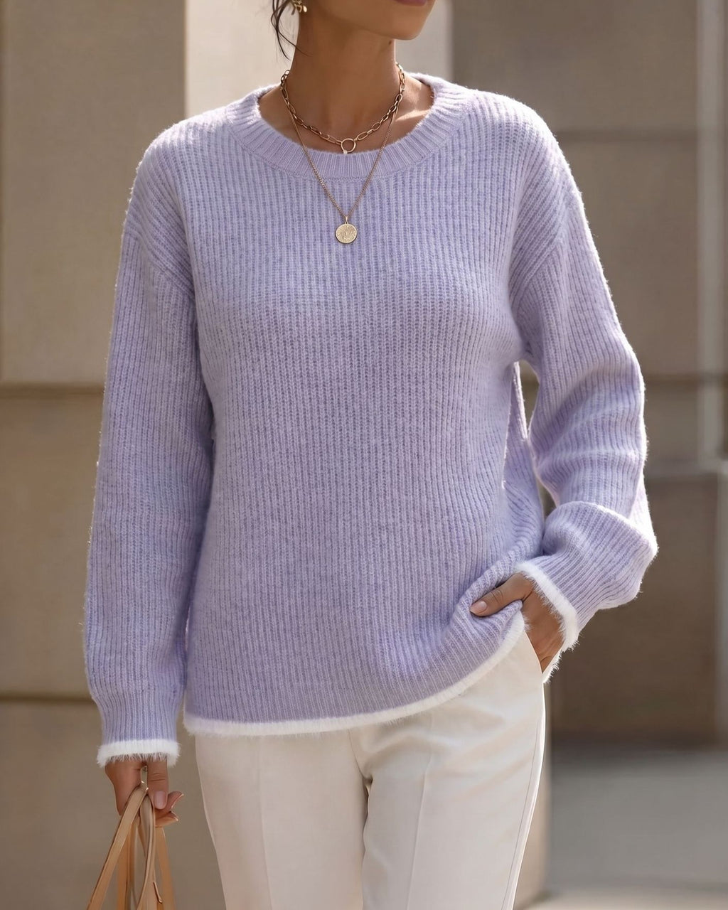 Tipped Trim Ribbed Drop Shoulder Knit Sweater - Purple