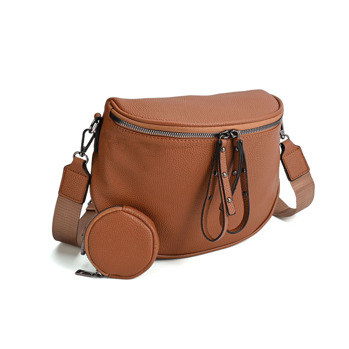 Half Moon Crossbody Bag With Coin Pouch - Caramel