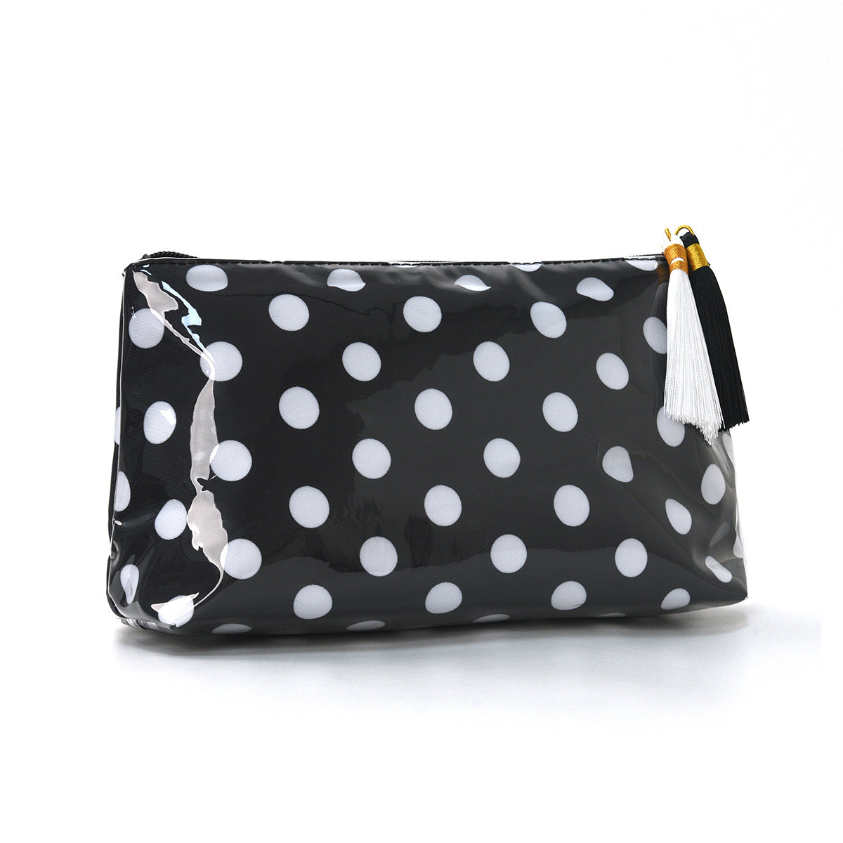 Glossy Dotted Toiletry Bag With Tassel Pull - Black