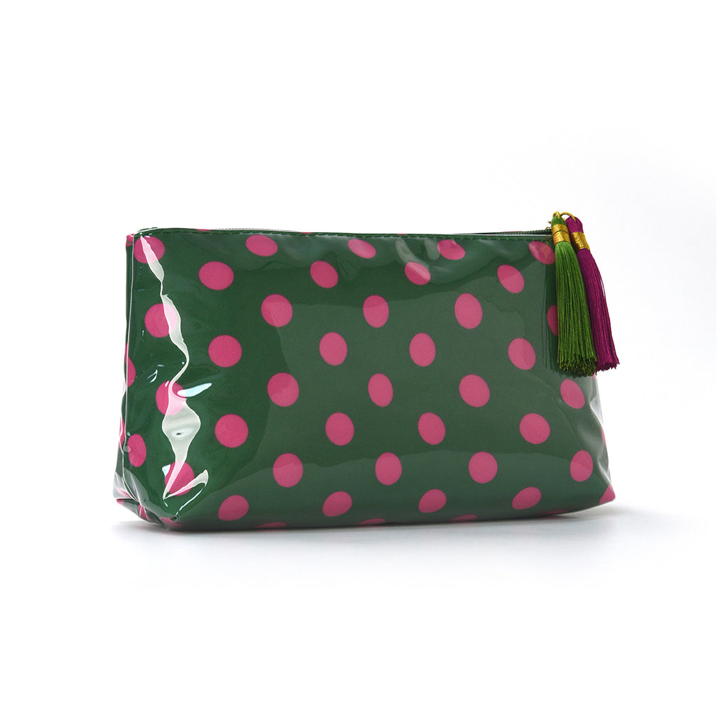 Glossy Dotted Toiletry Bag With Tassel Pull - Green