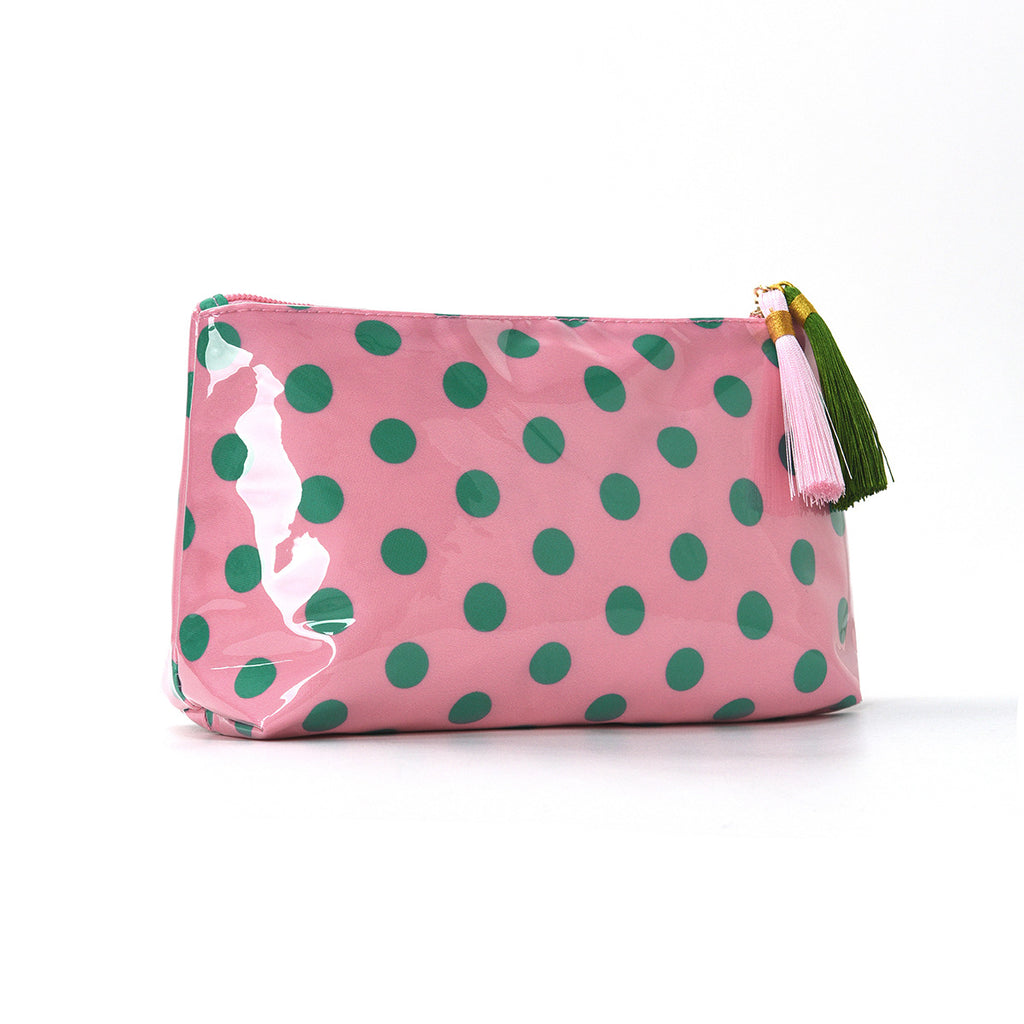 Glossy Dotted Toiletry Bag With Tassel Pull - Pink