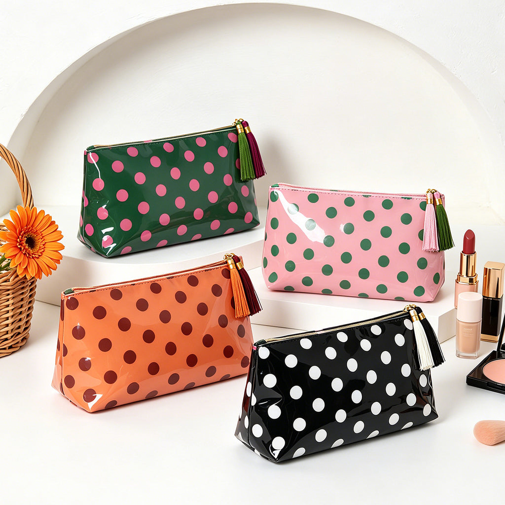 Glossy Dotted Toiletry Bag With Tassel Pull