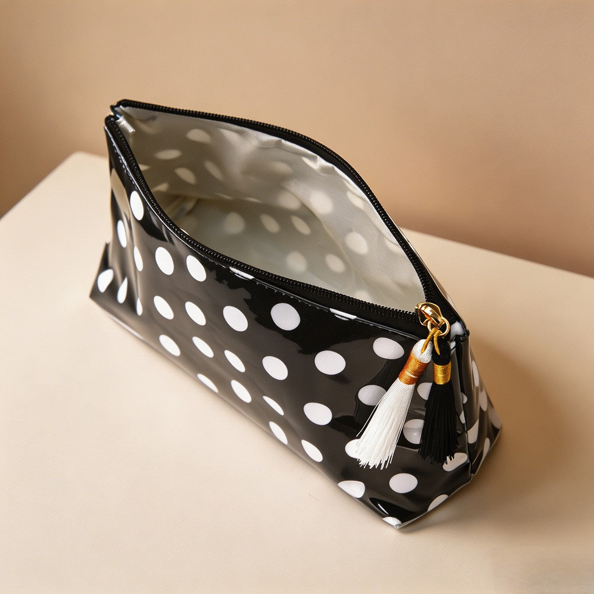 Glossy Dotted Toiletry Bag With Tassel Pull - view 1