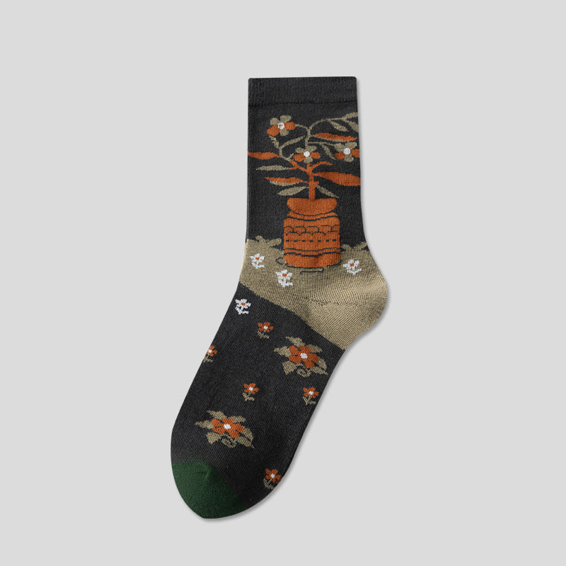 Painted Botanical Vintage Crew Socks - Black
