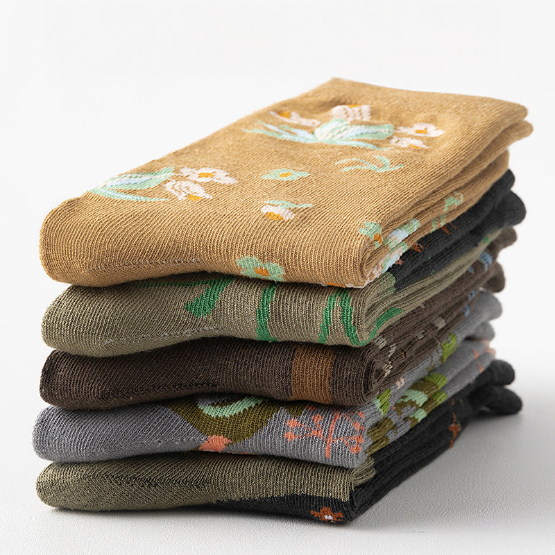 Painted Botanical Vintage Crew Socks - Khaki - 2