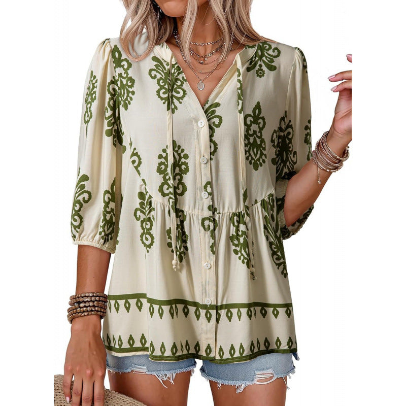 Boho Floral Button Front Babydoll Blouse - Apricot