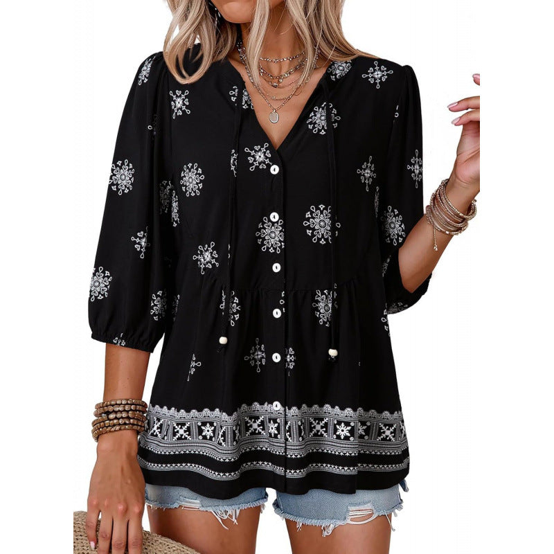 Boho Floral Button Front Babydoll Blouse - Black