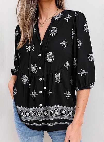Boho Floral Button Front Babydoll Blouse - Black - 1