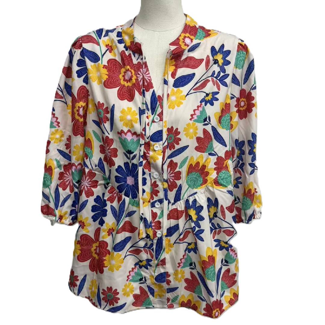 Boho Floral Button Front Babydoll Blouse - Colorful