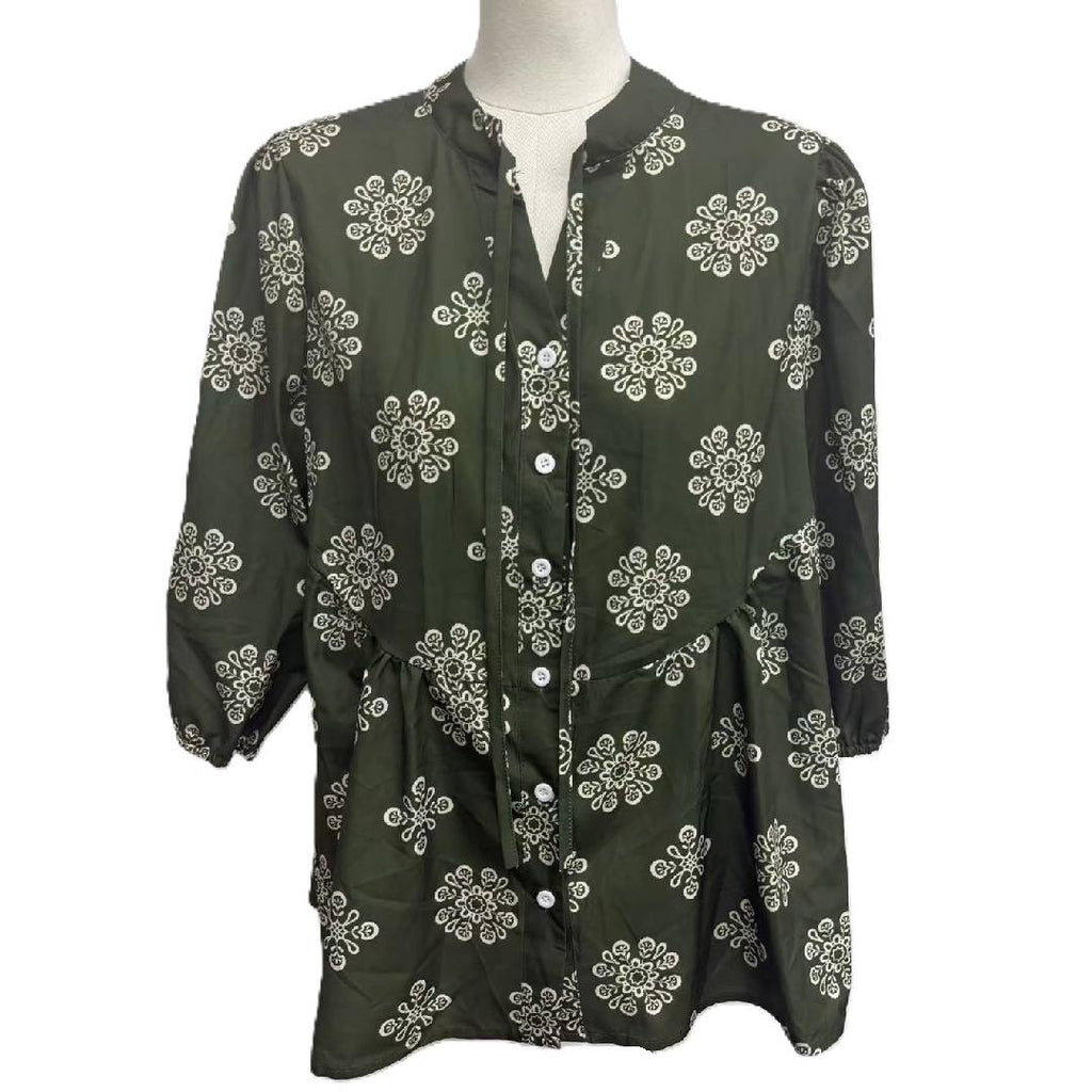 Boho Floral Button Front Babydoll Blouse - DkGreen