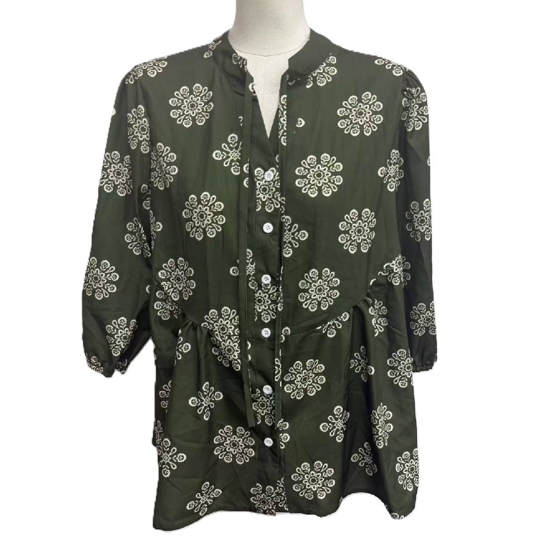 Boho Floral Button Front Babydoll Blouse - DkGreen